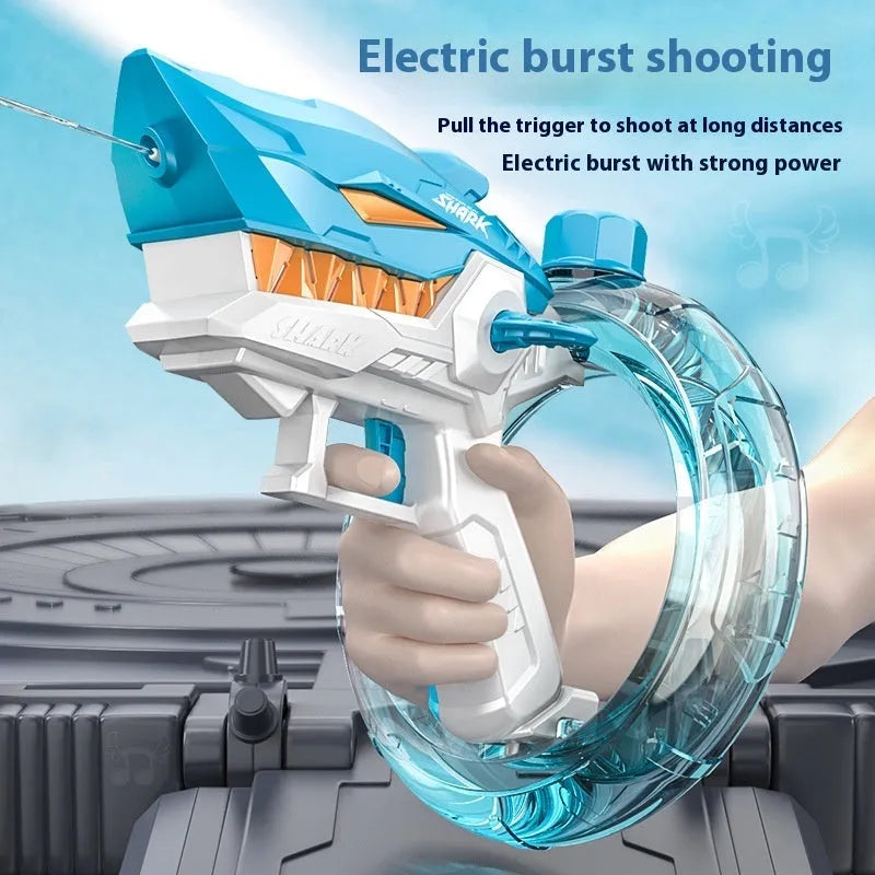 Blue electric shark water gun toy with automatic continuous fire system for outdoor summer water play