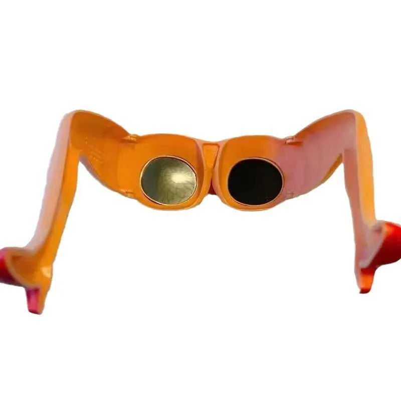 Orange novelty sunglasses with a sculptural leg and hip design on a white background.