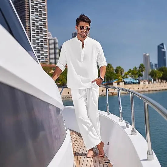 Men's cotton casual suit with long sleeves and trousers in solid colours for spring and autumn leisure wear