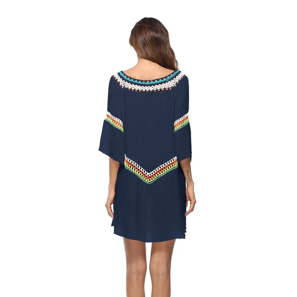 Ethnic style crochet sun protection dress for women in apricot colour, suitable as a beach cover-up.