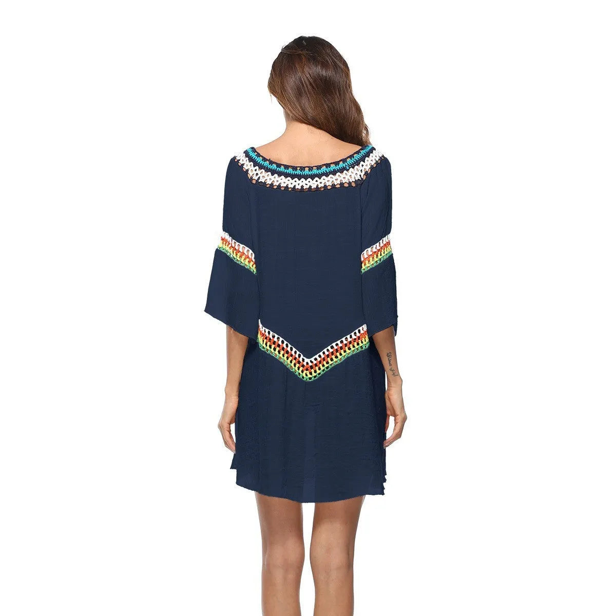 Ethnic style crochet sun protection dress for women in apricot colour, suitable as a beach cover-up.