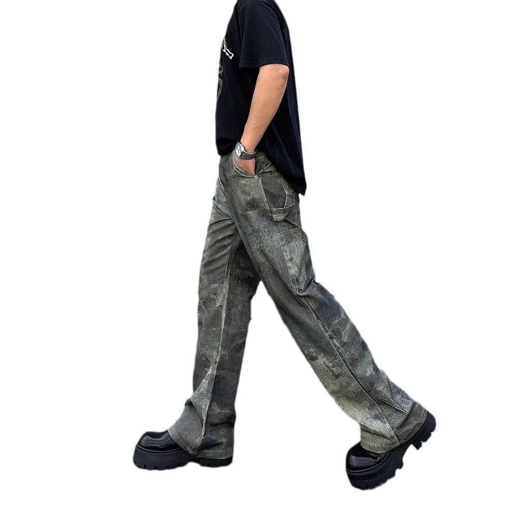 Men's straight-leg jeans with digital camouflage pattern in picture colour, showing mid-waist design and cotton denim fabric