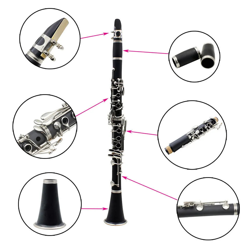 Black Bakelite clarinet with nickel-plated keys next to its protective carry bag.