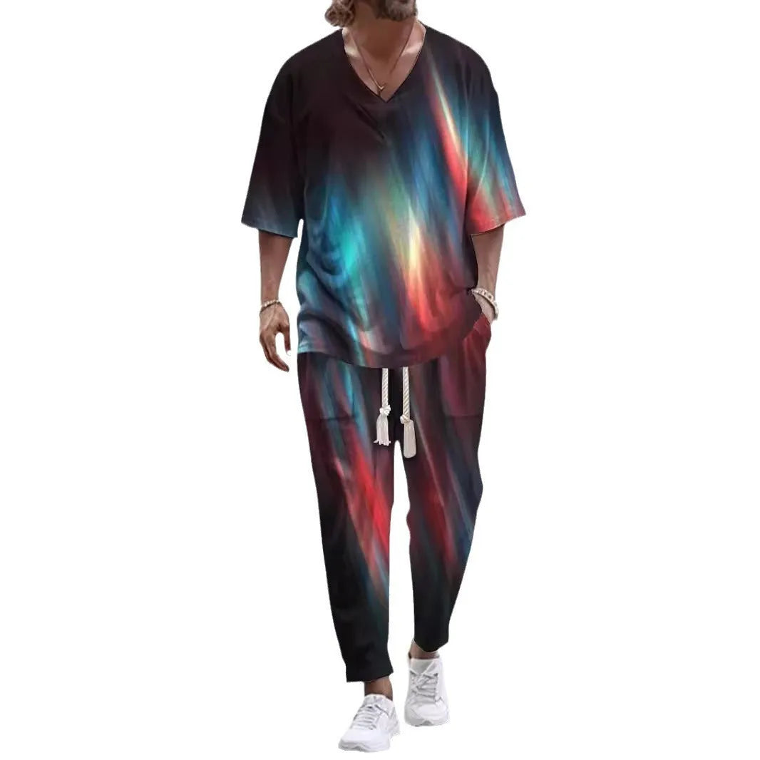 Women's thin polyester cropped sleeve V-neck trousers suit in a co-ord set.
