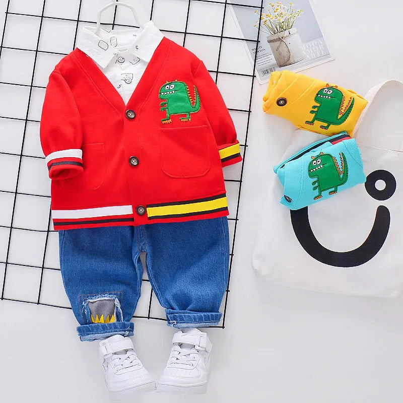 Children's dinosaur hole pattern three-piece cotton suit in yellow with long sleeves