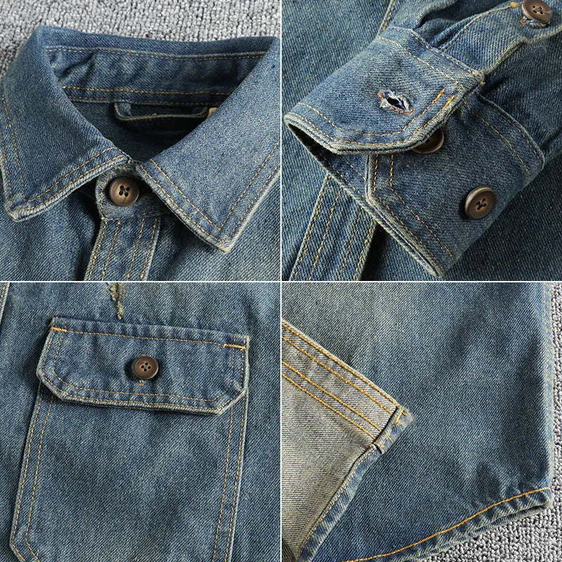 Men's light blue loose-fit vintage denim shirt with long sleeves on a hanger.