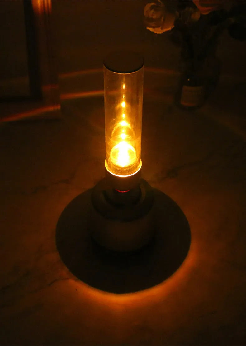 White silver Bluetooth speaker night light standing upright, showing push buttons and slim 277mm tall design.