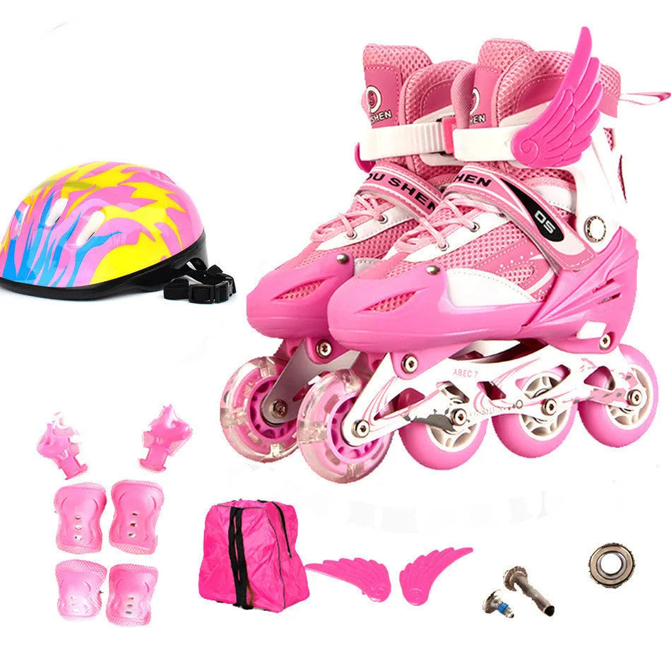 Children's adjustable inline skates with aluminium frame and protective gear set in various colours