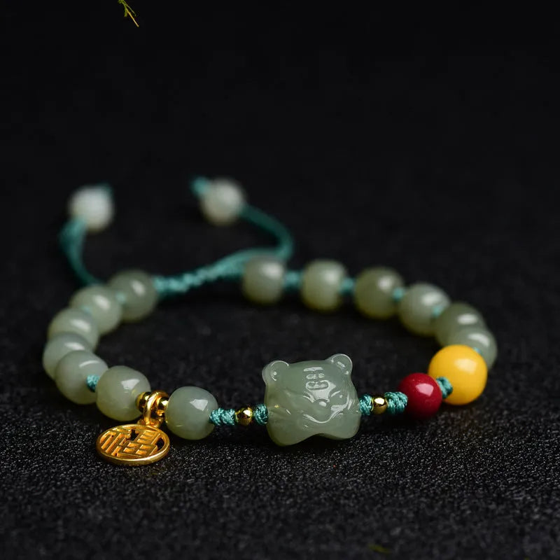 Natural Hetian jade bracelet with cinnabar beeswax beads and animal zodiac modelling
