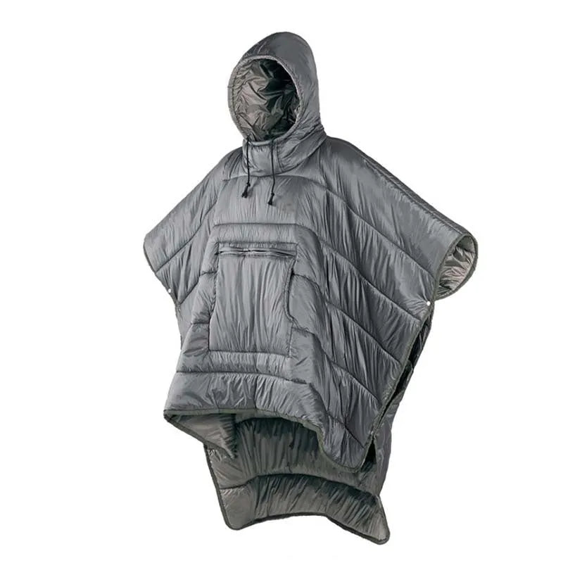 Army Green wearable sleeping bag cloak laid flat showing 200x140cm dimensions and convertible design