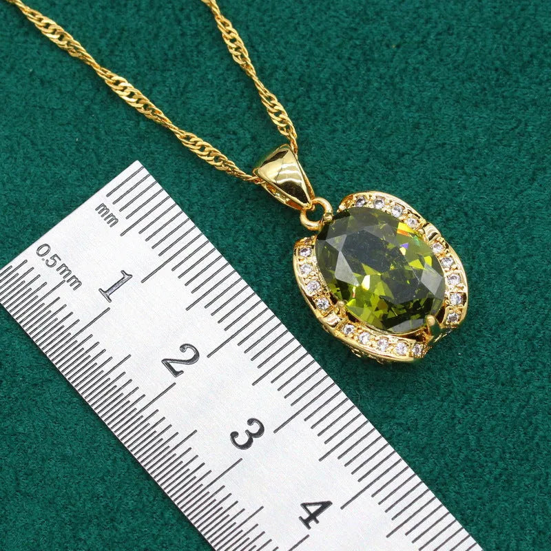 Women's zircon jewellery set with rhinestone decoration on snake bones chain in olive green colour