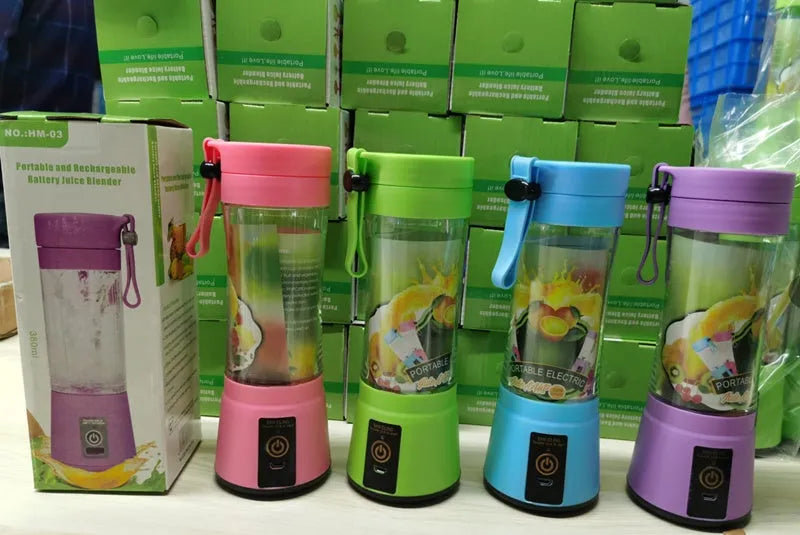 Portable USB rechargeable blender with pink plastic cup and six-blade design