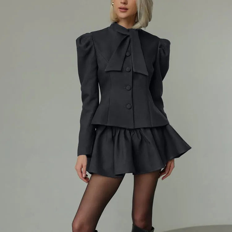 Women's gray bow tie long sleeve suit top and skirt two-piece set with button detail
