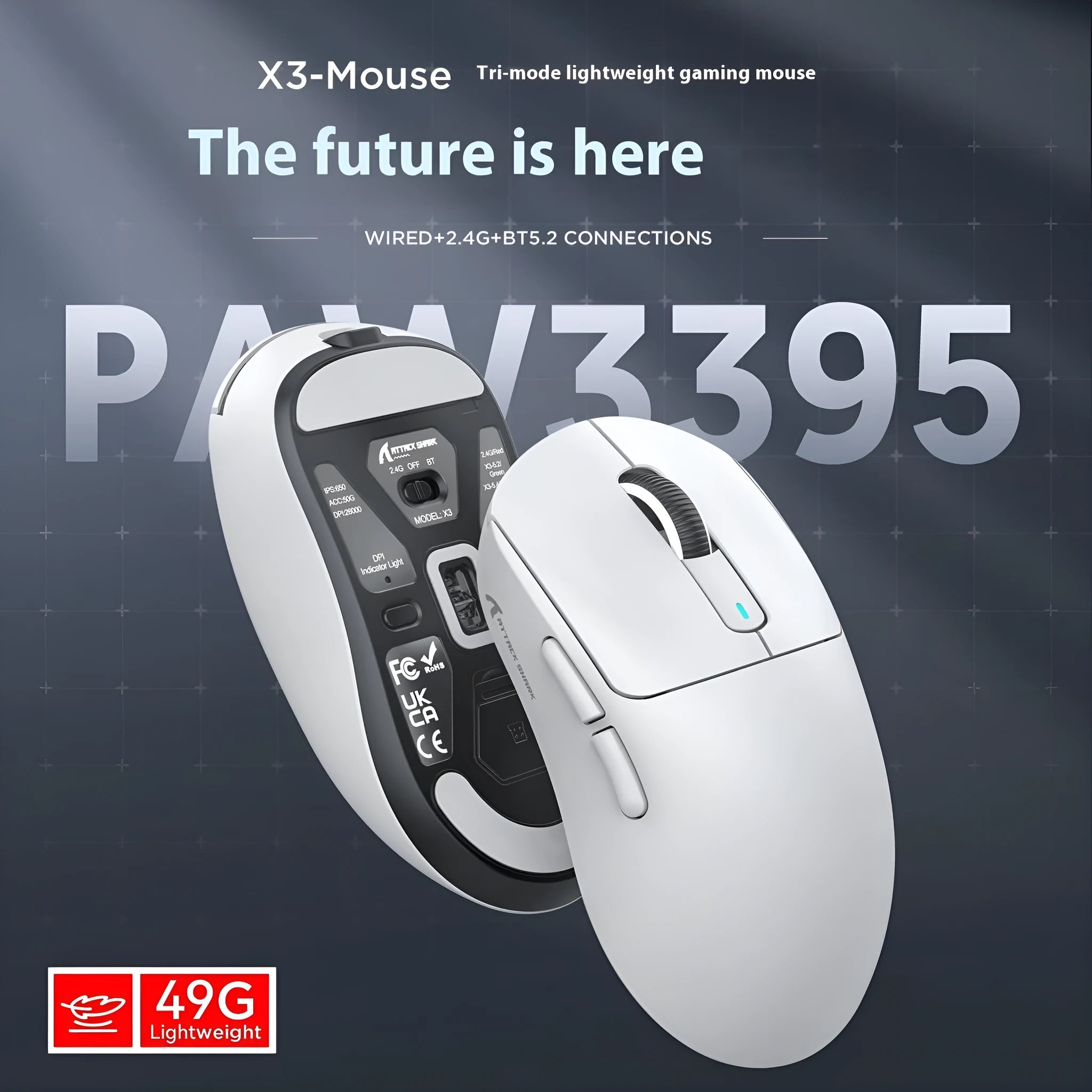 Black three-mode rechargeable Bluetooth mouse with USB receiver and parachute cord on a desk.