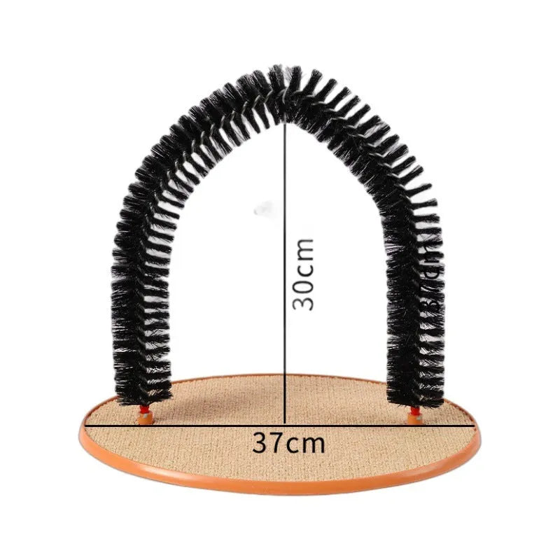 Black arch-shaped cat scratching post with brush, attached plush mouse toy, and non-slip base.