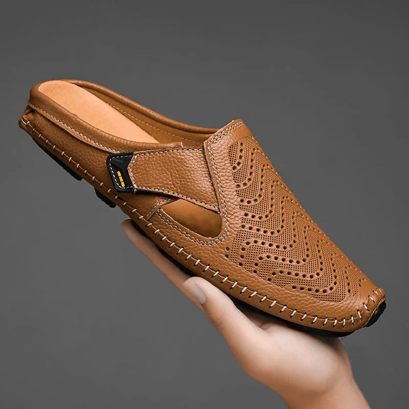 Fashion men's closed toe casual breathable sandals in cow split leather, available in multiple colours and sizes