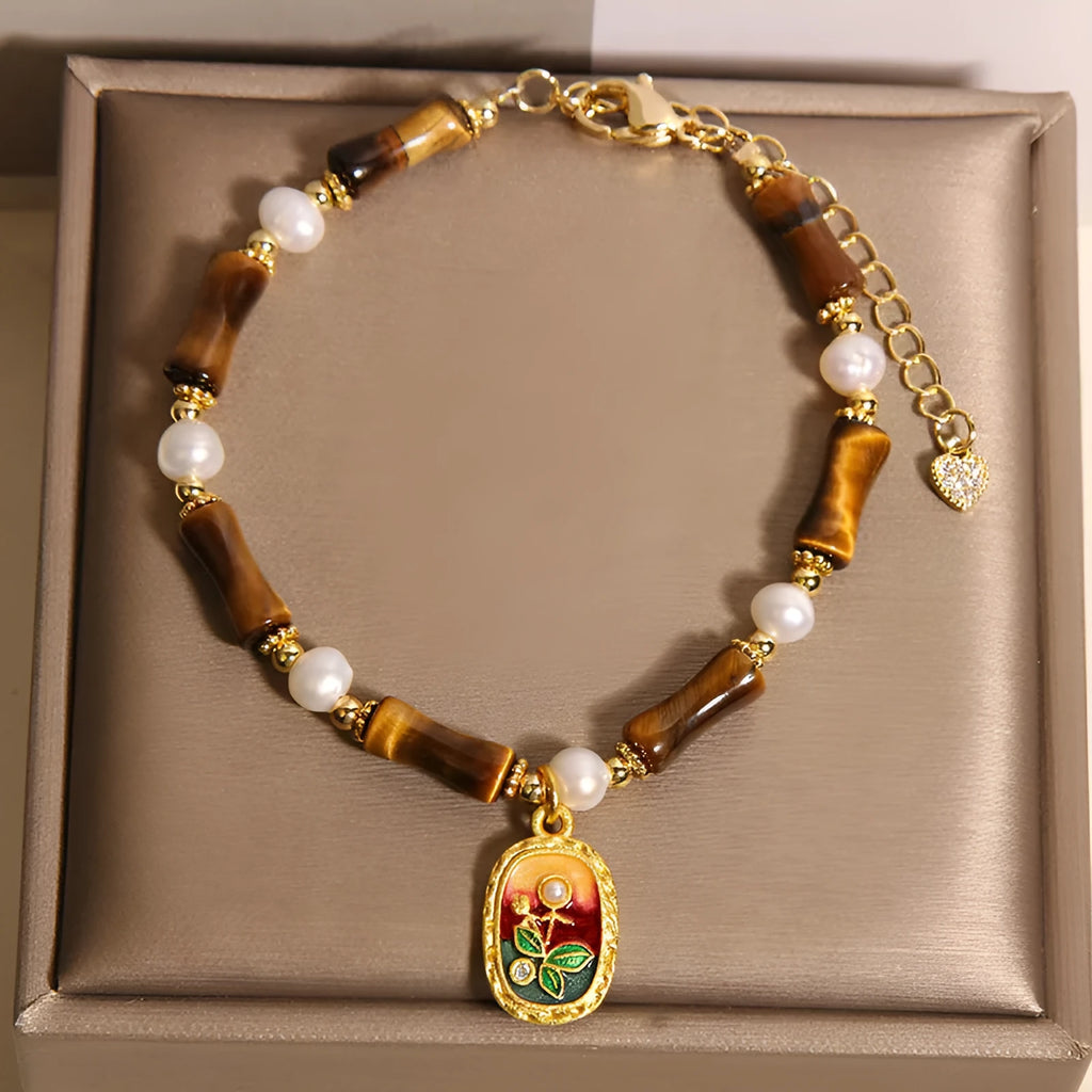 Chinese style stone bamboo women's glass bracelet in amber, green, purple colours