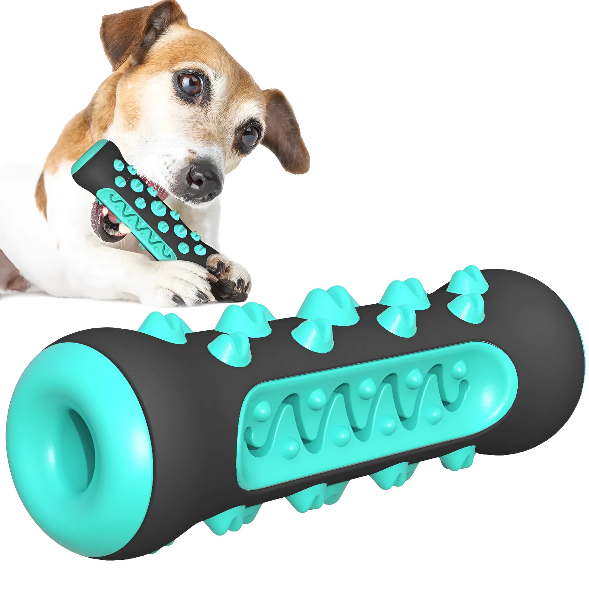 Natural rubber dog dental chew toy with textured toothbrush surface in blue colour