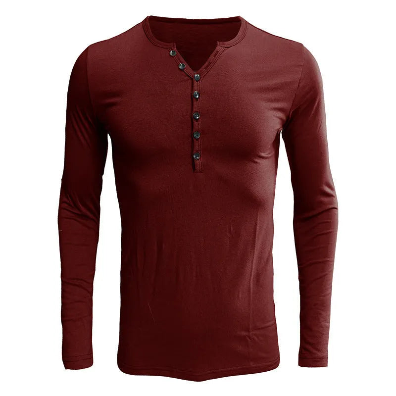Men's solid colour cotton long sleeve T-shirt with Henry collar in blue