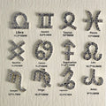 Twelve zodiac nail art accessories in alloy with diamond inlays, silver and gold finish, starry sky pattern.