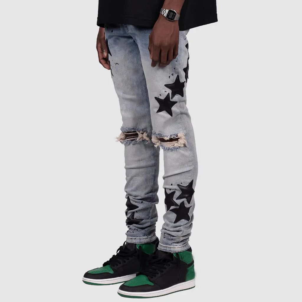 Men's slim stretch jeans in blue, grey, and light blue colours with embroidery detail