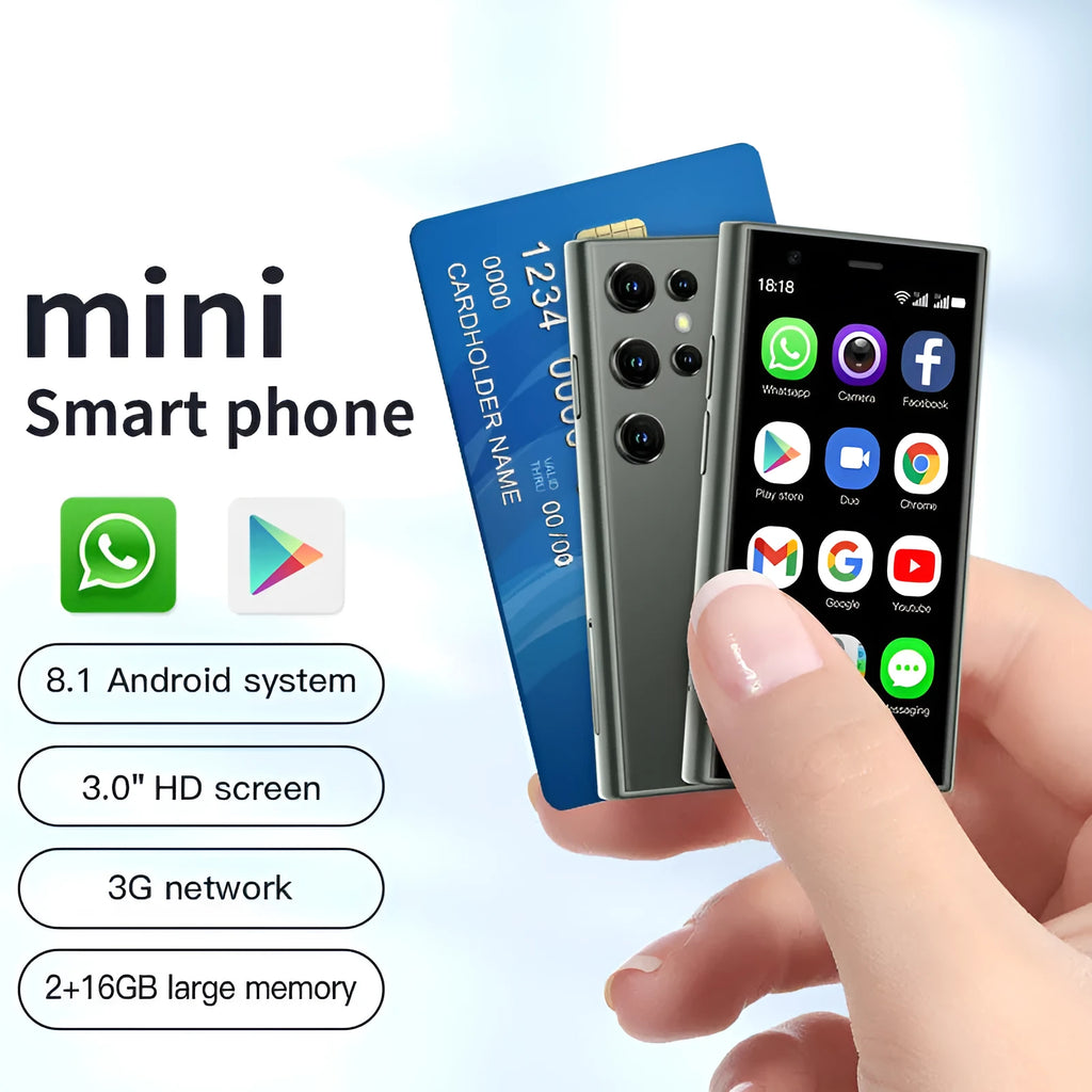Black, green, and pink purple S23PRO XS15 mini smartphone with 3-inch screen on a straight plate.