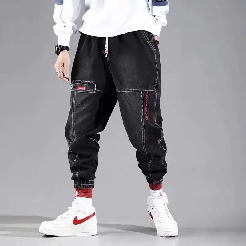 Plus size wide leg harem casual pants for men in black denim with tie closure mid-waist