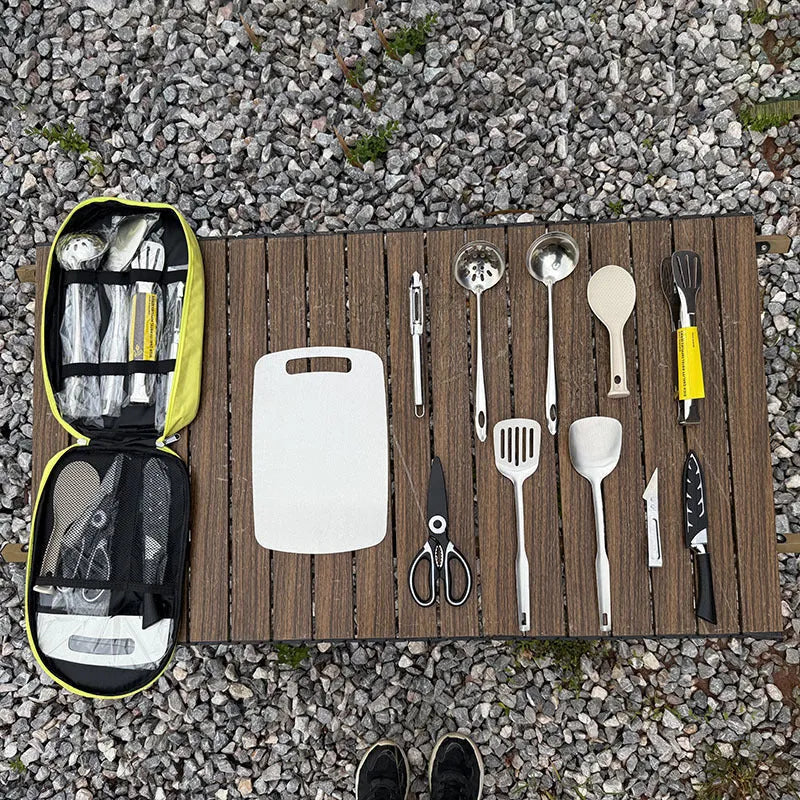 Portable storage bag containing a 12-piece stainless steel picnic cutlery set for outdoor use.