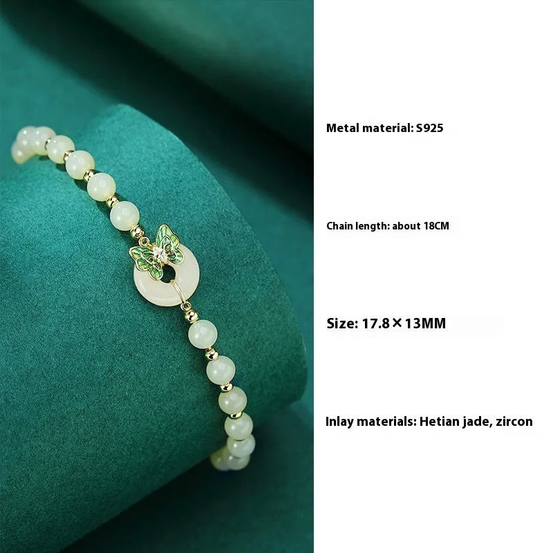 Hetian jade bracelet for women with butterfly design and sterling silver inlaid gemstones