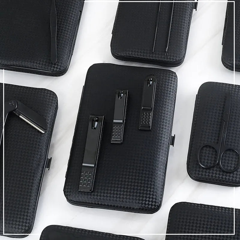 Professional stainless steel nail trimming tool set in black leather case with multiple grooming tools