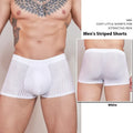 Men's black and white striped nylon underwear laid flat, showing thin fabric and free-size fit.