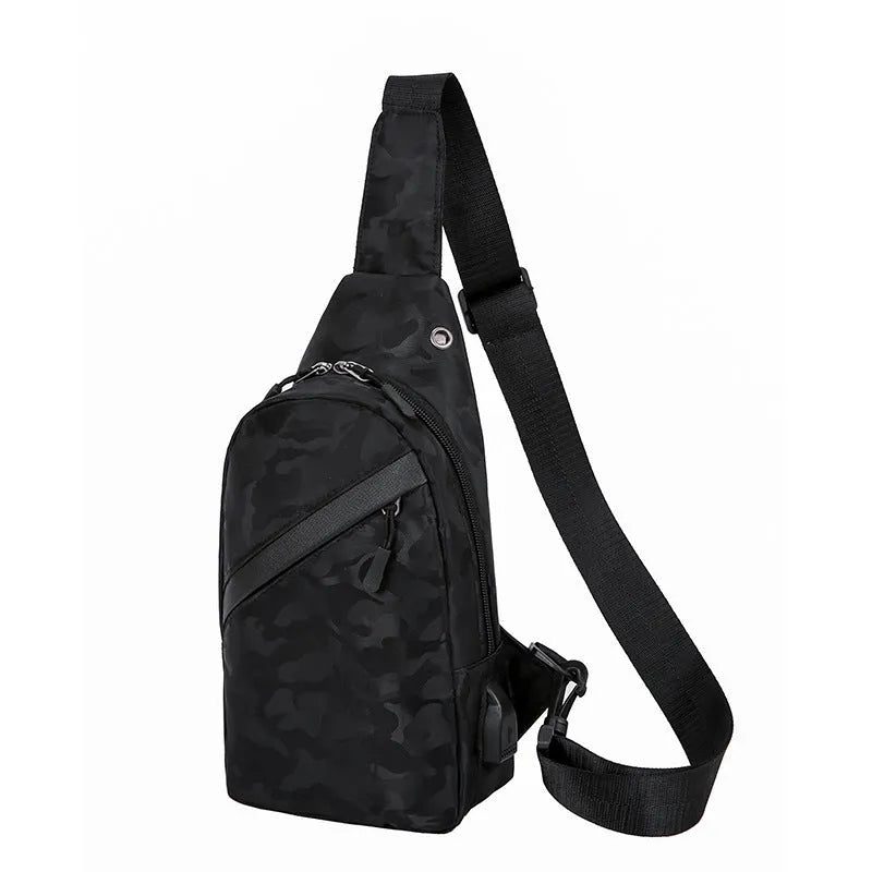 Men's camouflage crossbody chest bag with headphone hole in Camo Black