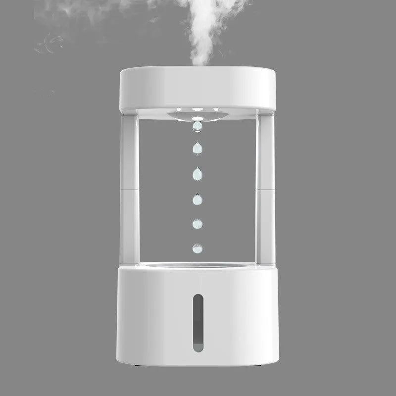 White portable humidifier with anti-gravity water droplet illusion and 580ml transparent tank