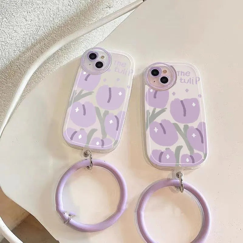 Purple tulip transparent phone case for iPhone with matching bracelet accessory
