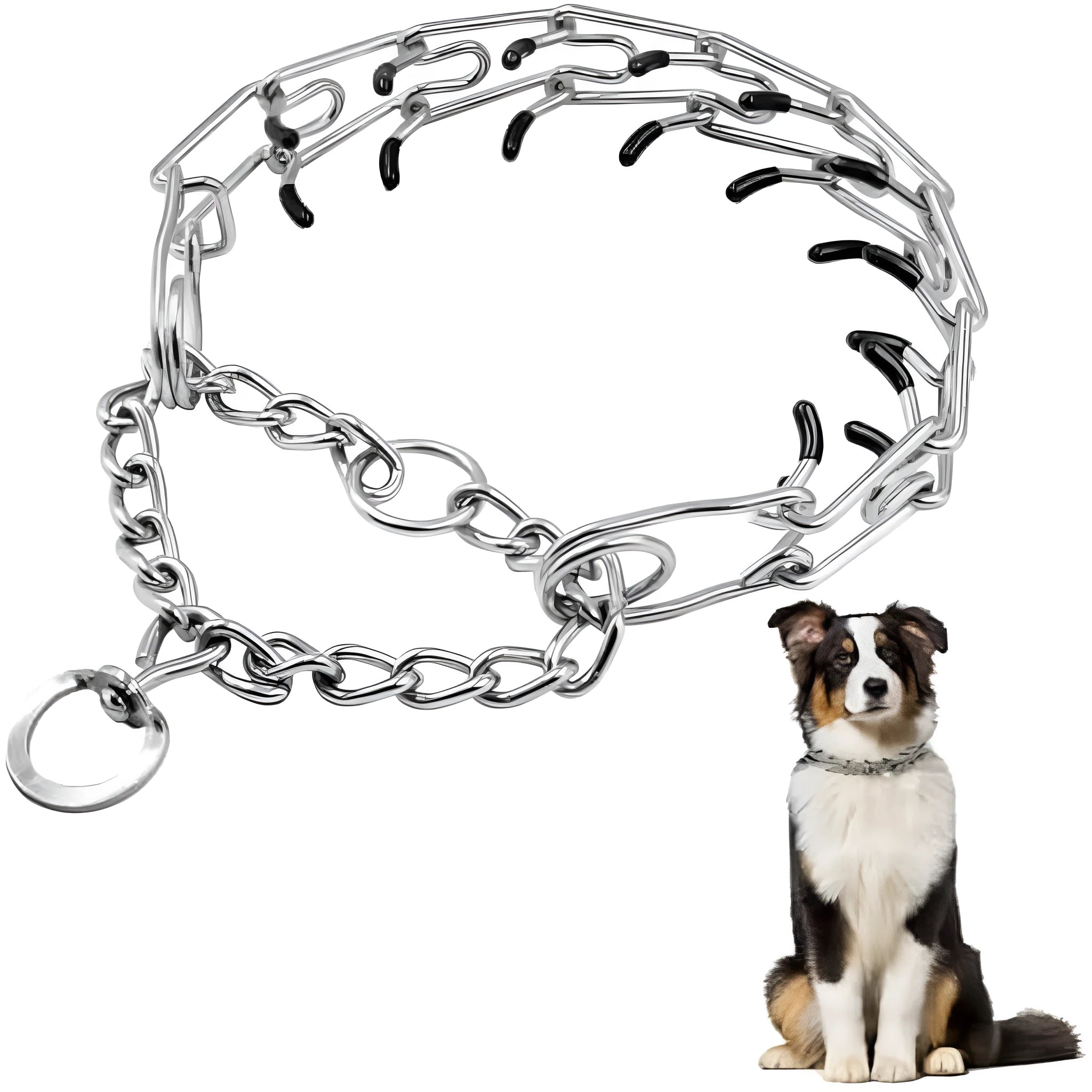 Stainless steel dog prong training collar with adjustable links and comfort rubber tips.