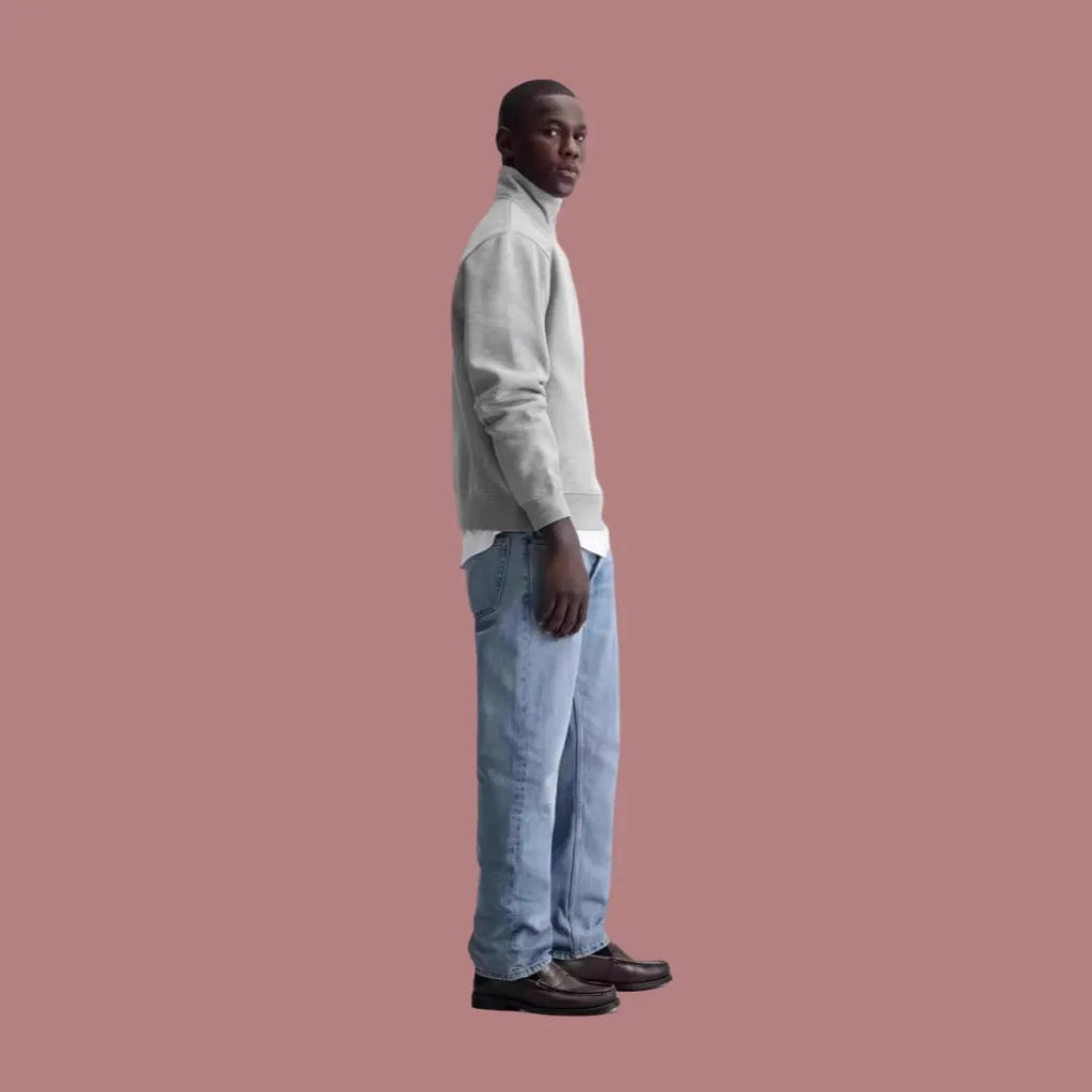 Grey half-zip cotton hoodie with a stand collar, shown on a model.