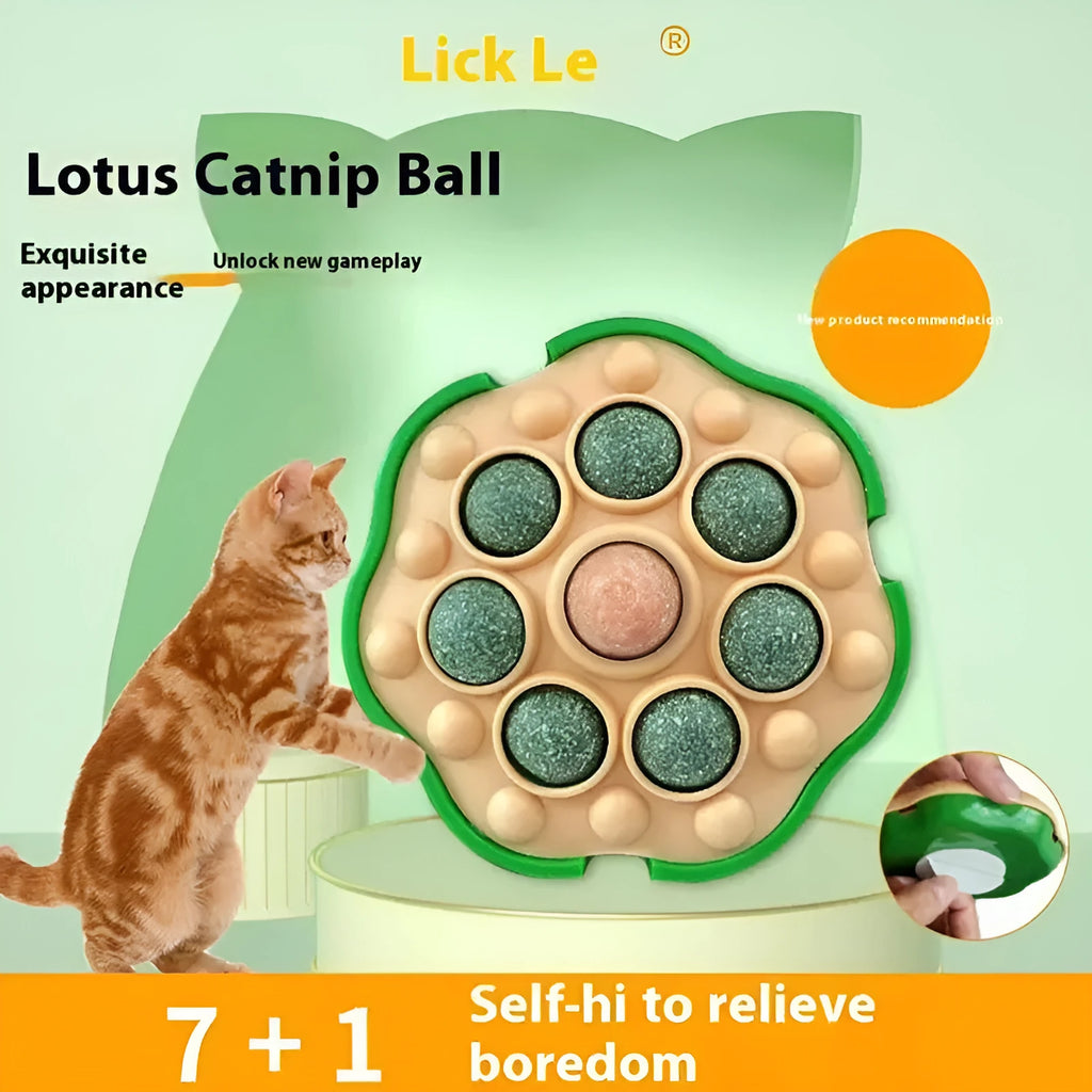 Four green lotus-shaped catnip balls mounted on wall for interactive feline play