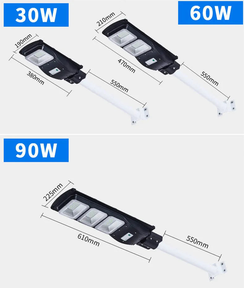 Integrated solar-powered 60W LED street light unit with remote control for outdoor gardens.