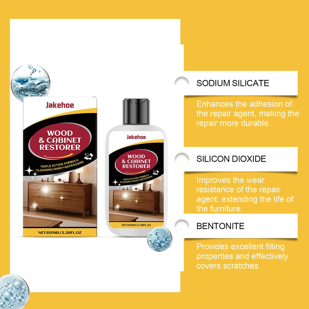Wooden furniture scratch care kit with 100ml bottle and 20x20cm microfiber towel for surface maintenance