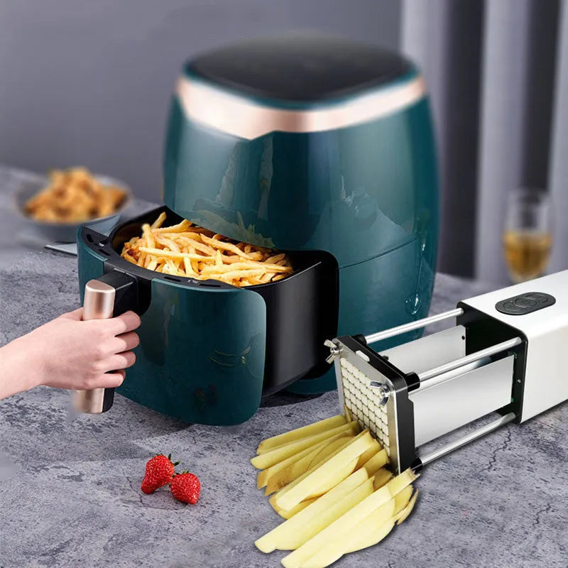 Black electric French fry cutter machine with stainless steel blades on a countertop.