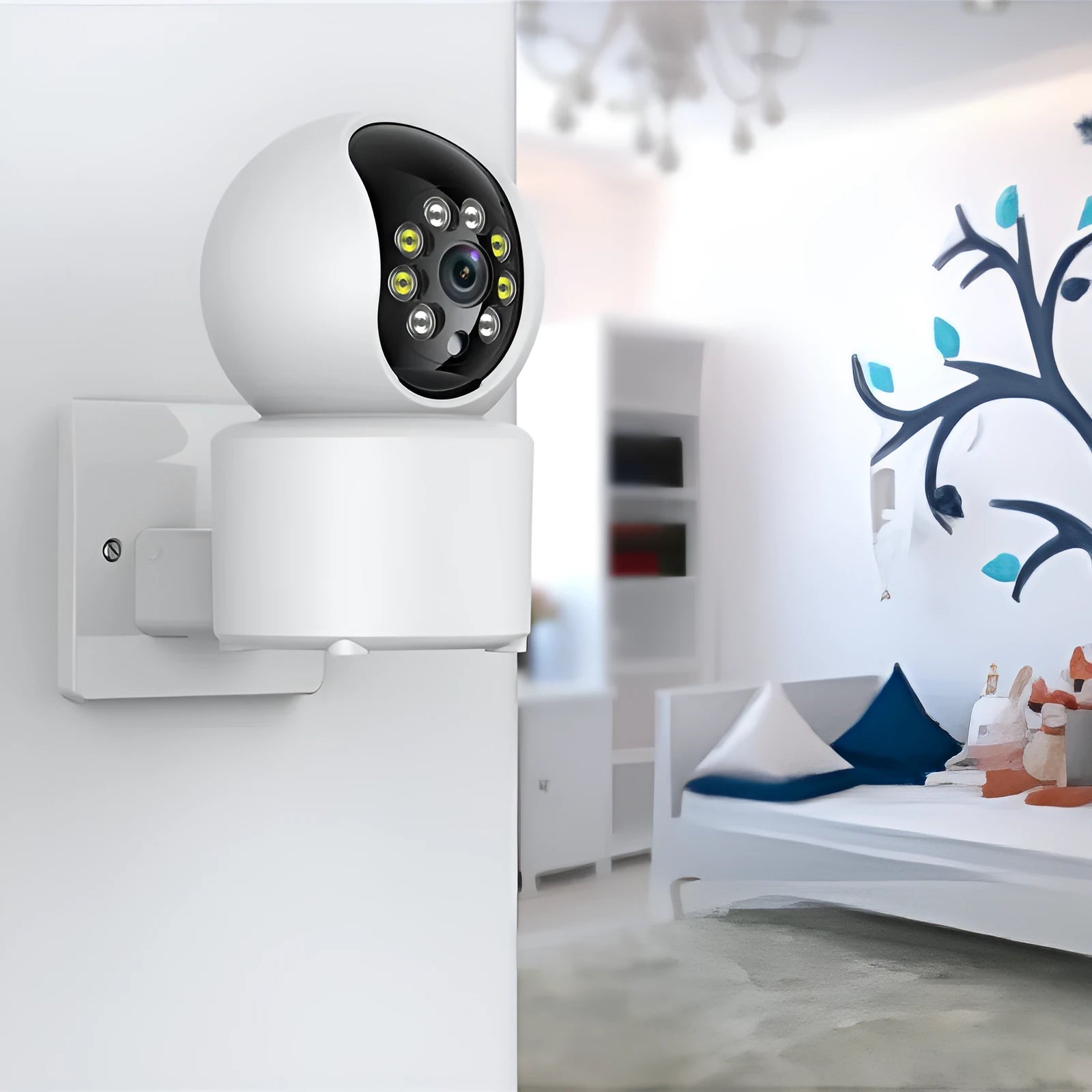 White wireless indoor security camera with 360-degree rotation capability on stand