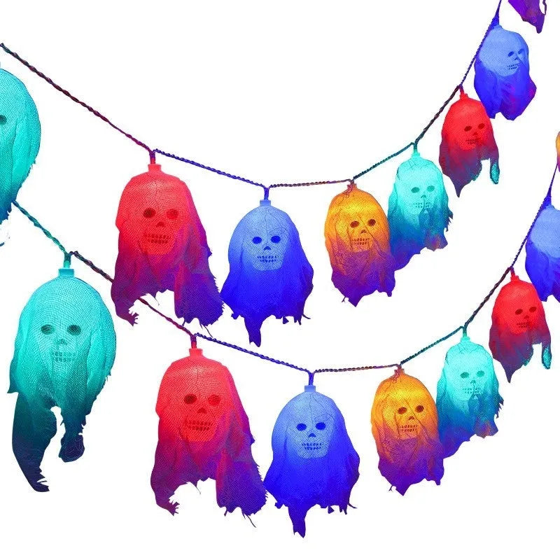 Halloween battery-operated LED string lights showing coloured and warm white options for indoor wall decoration