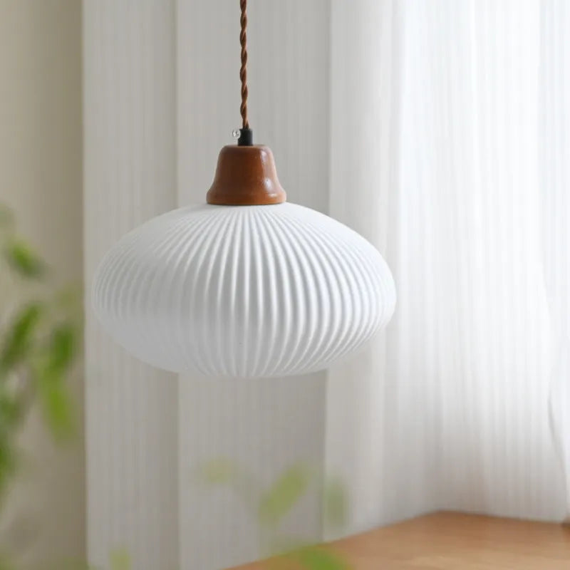 Solid wood and ceramic Japanese-style chandelier with short mushroom shade for study or bedroom ceiling