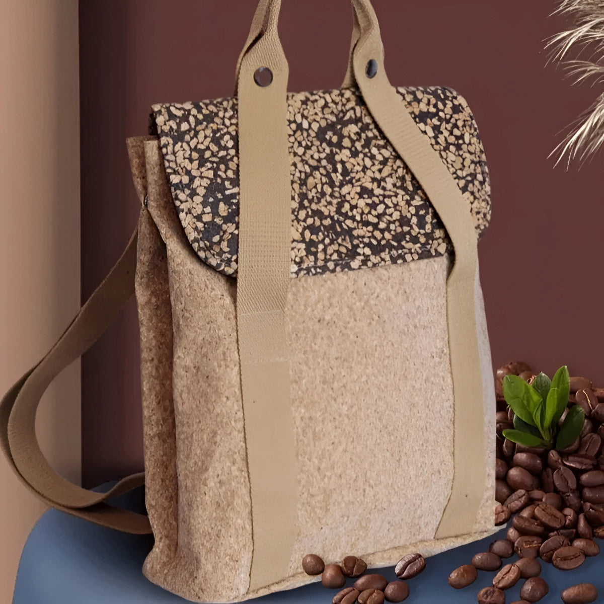 Coffee grounds cork casual backpack with solid colour and splicing details, ultra-light design for leisure travel