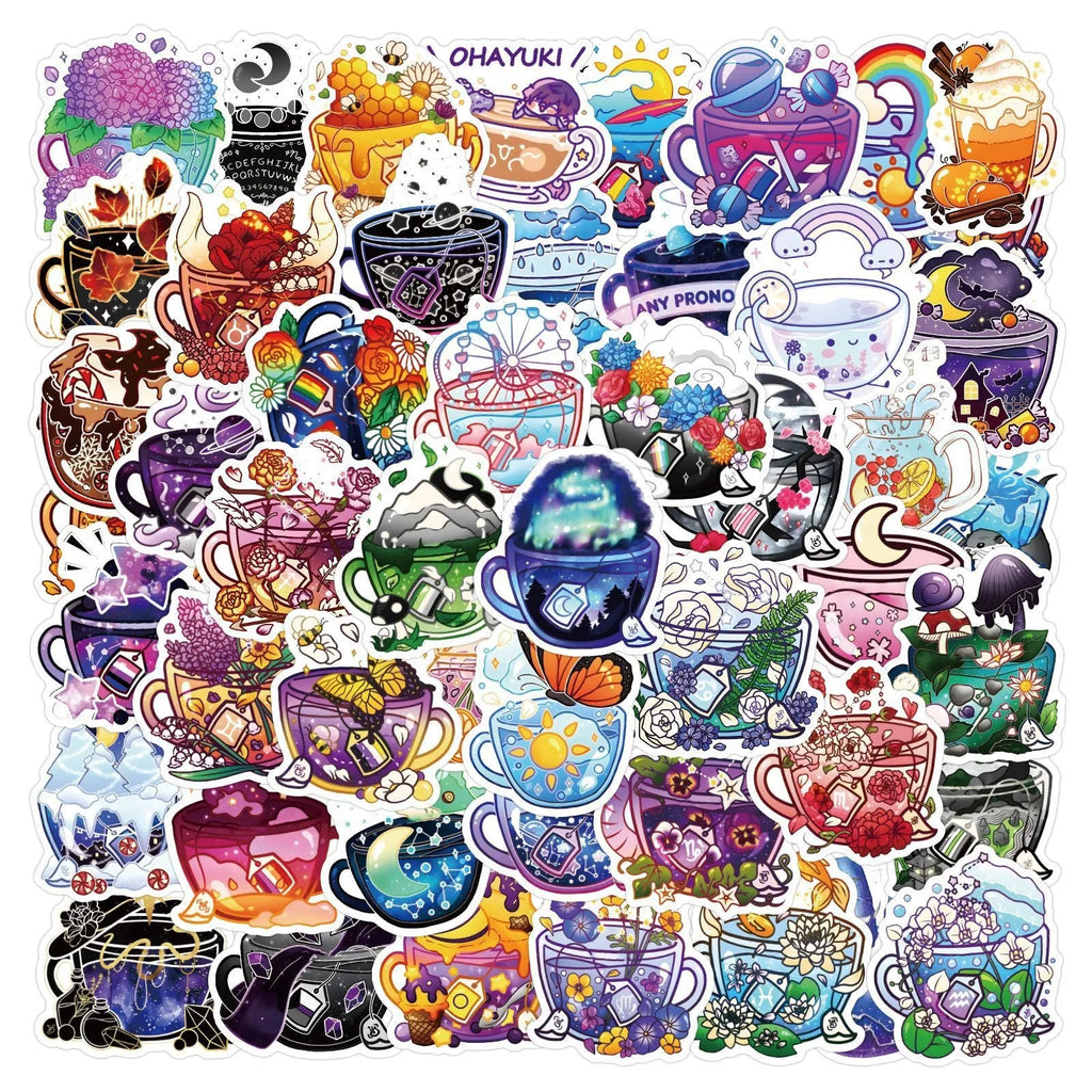 Colourful tea cup graffiti design waterproof stickers, 50-piece pack for luggage and scooter customisation.