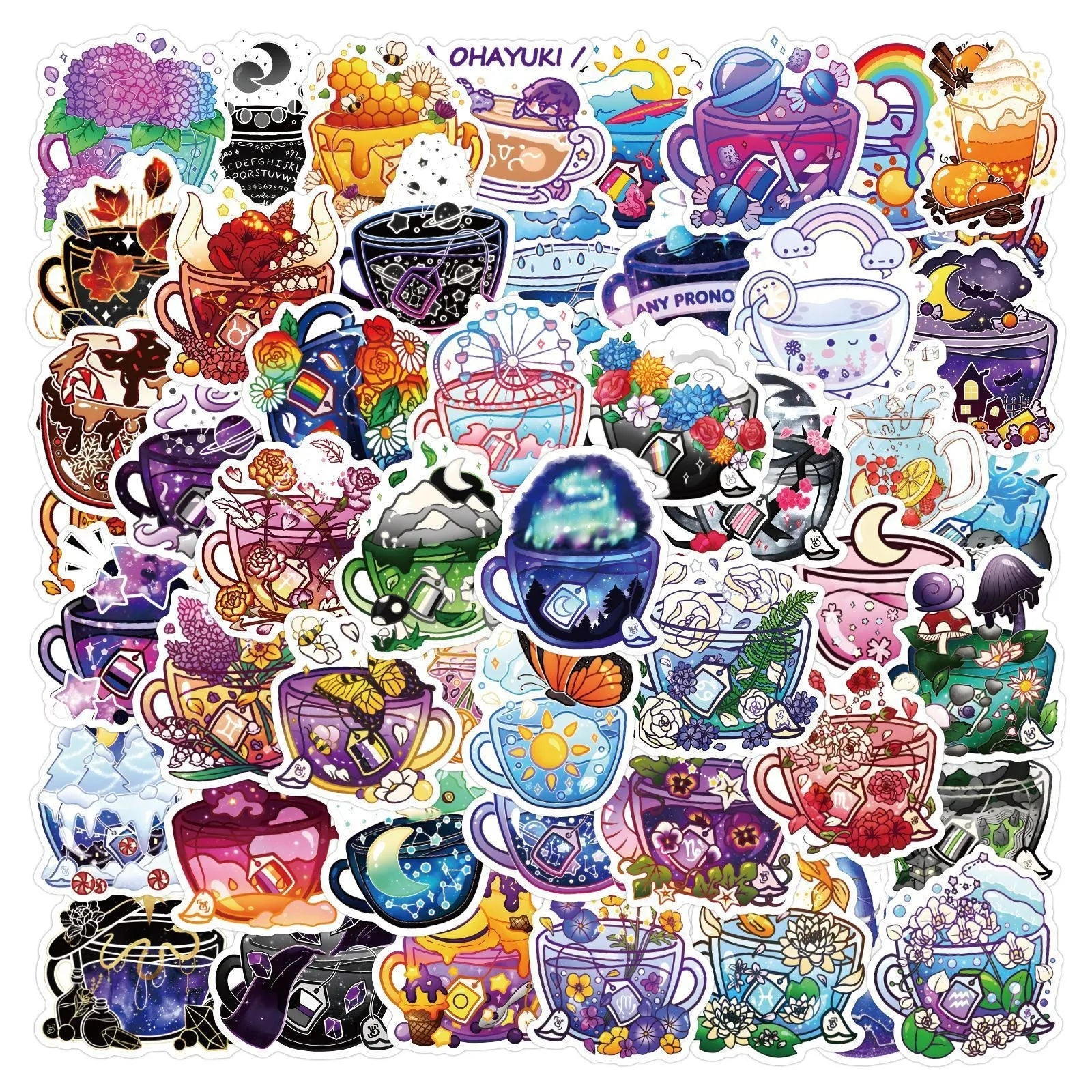 Colourful tea cup graffiti design waterproof stickers, 50-piece pack for luggage and scooter customisation.