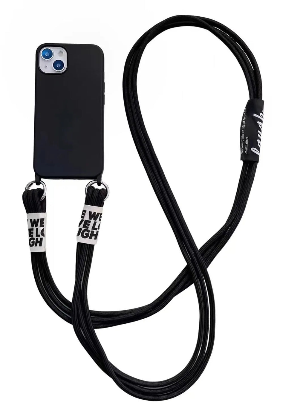 Diagonal lanyard soft TPU phone case for iPhone 13 in blue with grey neck strap on a white background
