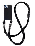 Diagonal lanyard soft TPU phone case for iPhone 13 in blue with grey neck strap on a white background