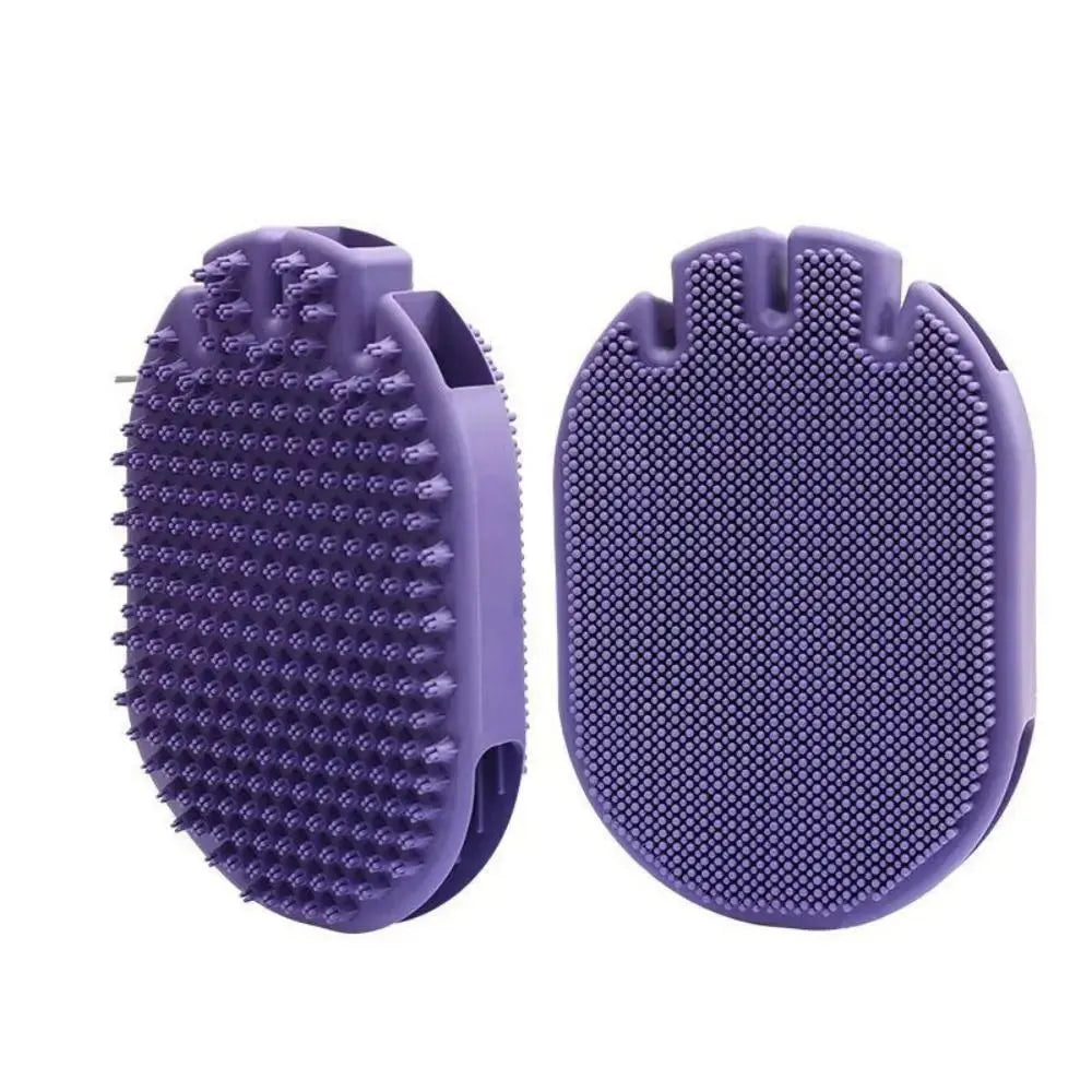 Purple dual-sided pet shampoo massage brush with soft TPR bristles and ergonomic handle