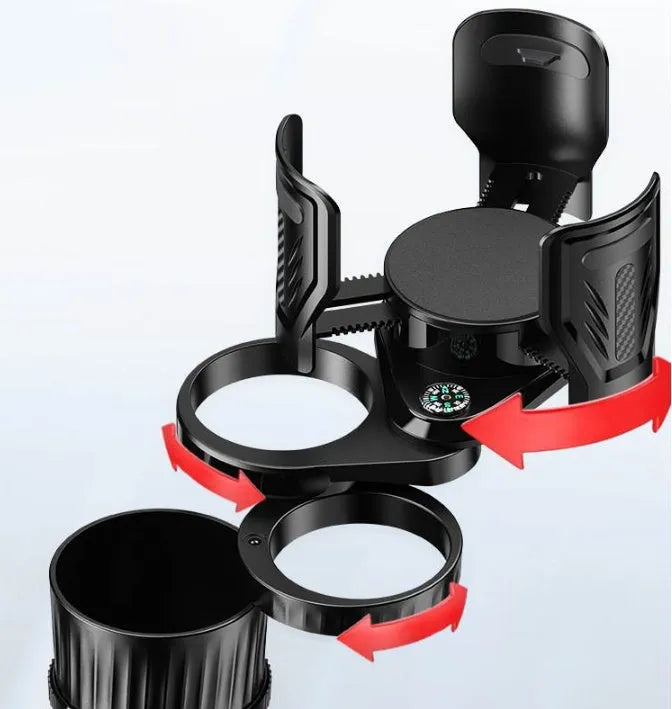 Black carbon fibre finish car cup holder with retractable adjustable base for drink bottles.